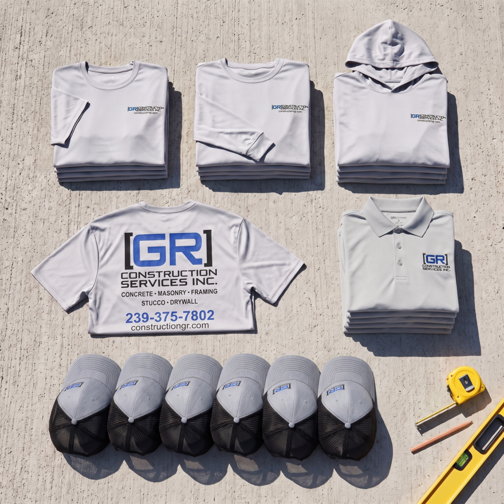 Crew Kit flat lay: performance tees, hoodie, polo and trucker caps with a company logo on every piece