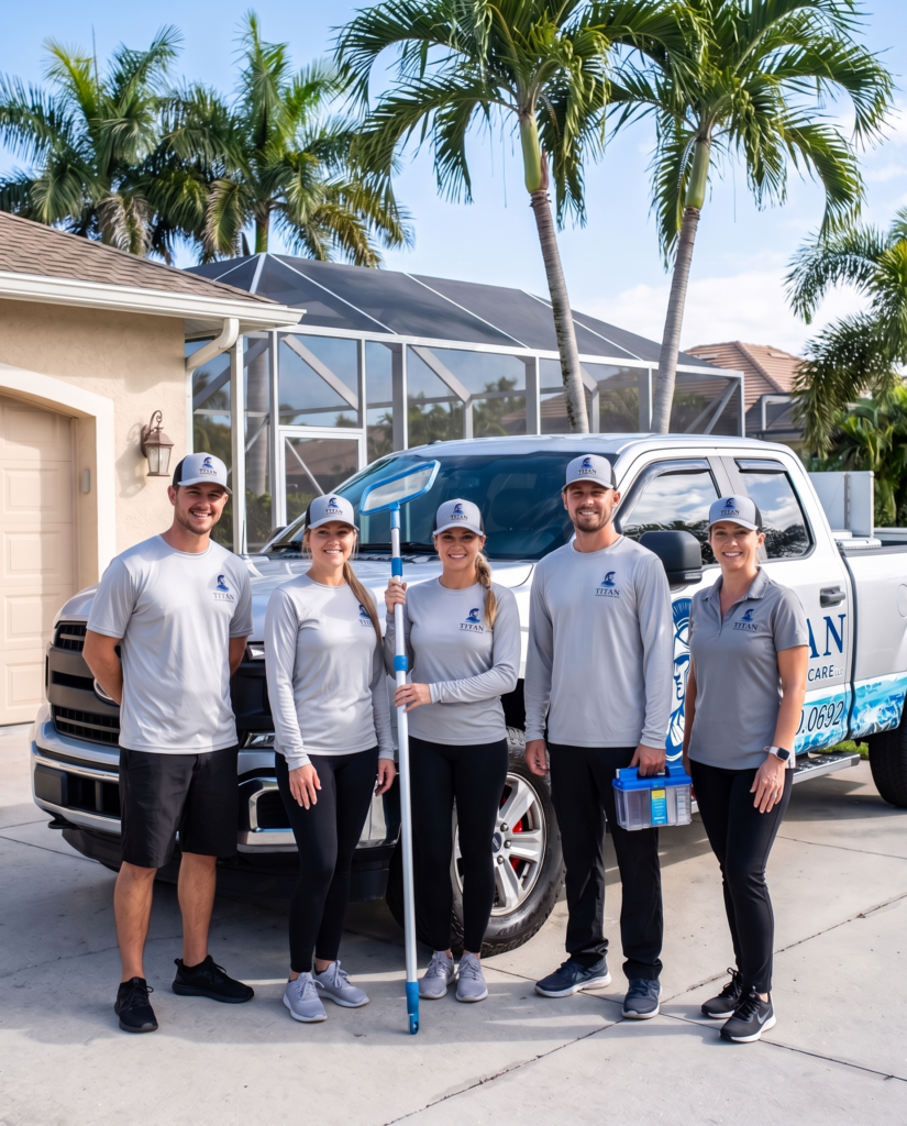 Titan Luxury Pool Care crew in matching Crew Kit shirts and caps beside their wrapped truck in a Naples driveway